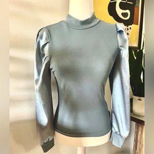 Light blue body con shirt with beautiful satin sleeves